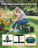 VEVOR Ritošais dārza ratiņkrēsls ar grozāmu sēdekli, dārza sēdeklis ar uzglabāšanas grozu un instrumentu paplāti, 136 kg nestspēja, āra dārza krēsls-skūteris ravēšanai un stādīšanai