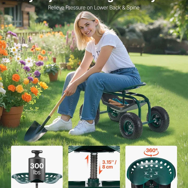 VEVOR Ritošais dārza ratiņkrēsls ar grozāmu sēdekli, dārza sēdeklis ar uzglabāšanas grozu un instrumentu paplāti, 136 kg nestspēja, āra dārza krēsls-skūteris ravēšanai un stādīšanai