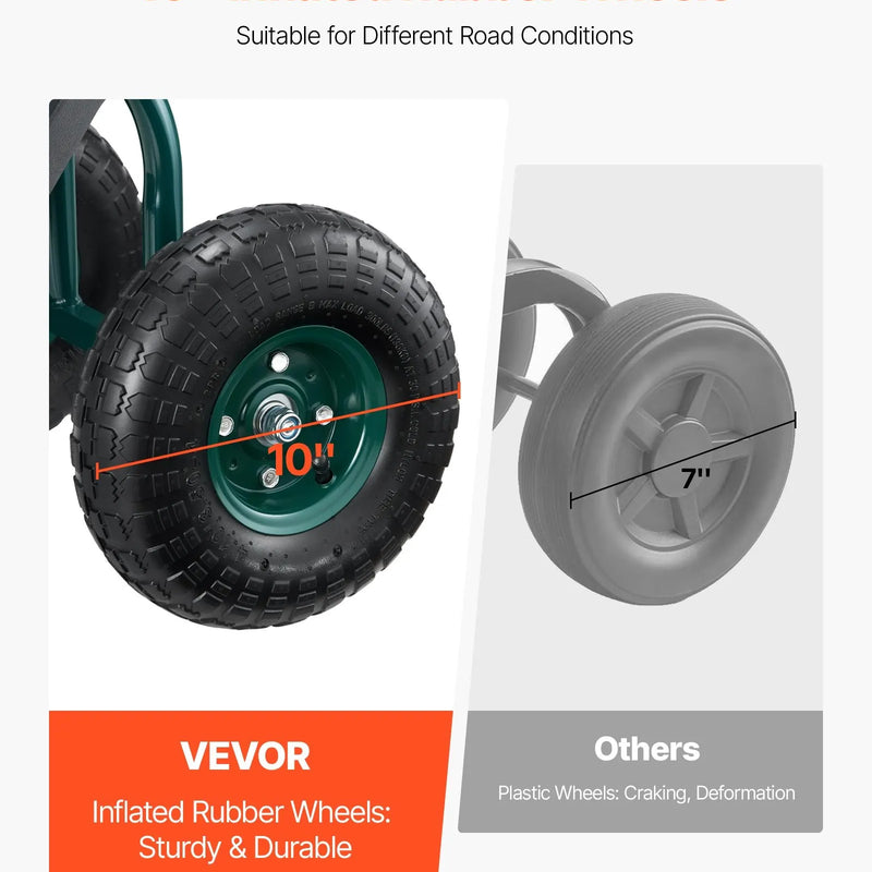 VEVOR Ritošais dārza ratiņkrēsls ar grozāmu sēdekli, dārza sēdeklis ar uzglabāšanas grozu un instrumentu paplāti, 136 kg nestspēja, āra dārza krēsls-skūteris ravēšanai un stādīšanai
