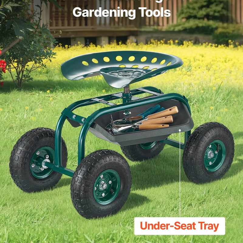 VEVOR Ritošais dārza ratiņkrēsls ar grozāmu sēdekli, dārza sēdeklis ar uzglabāšanas grozu un instrumentu paplāti, 136 kg nestspēja, āra dārza krēsls-skūteris ravēšanai un stādīšanai
