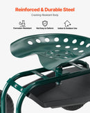 VEVOR Ritošais dārza ratiņkrēsls ar grozāmu sēdekli, dārza sēdeklis ar uzglabāšanas grozu un instrumentu paplāti, 136 kg nestspēja, āra dārza krēsls-skūteris ravēšanai un stādīšanai