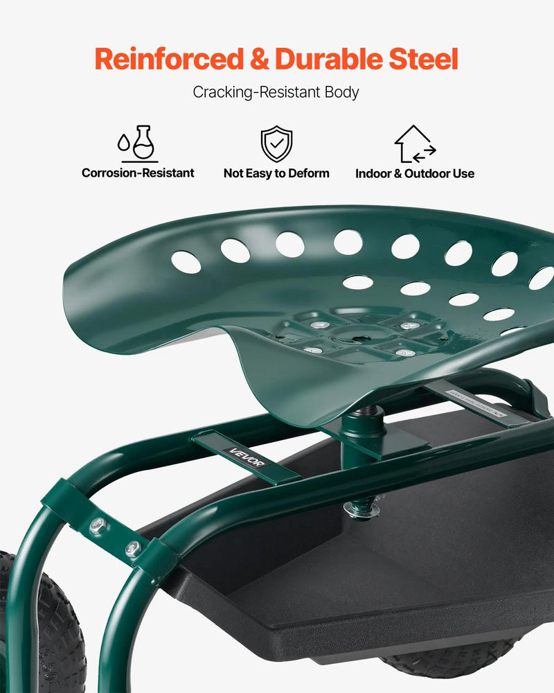 VEVOR Ritošais dārza ratiņkrēsls ar grozāmu sēdekli, dārza sēdeklis ar uzglabāšanas grozu un instrumentu paplāti, 136 kg nestspēja, āra dārza krēsls-skūteris ravēšanai un stādīšanai