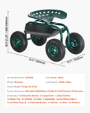 VEVOR Ritošais dārza ratiņkrēsls ar grozāmu sēdekli, dārza sēdeklis ar uzglabāšanas grozu un instrumentu paplāti, 136 kg nestspēja, āra dārza krēsls-skūteris ravēšanai un stādīšanai