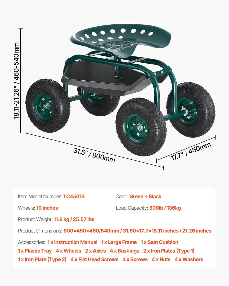 VEVOR Ritošais dārza ratiņkrēsls ar grozāmu sēdekli, dārza sēdeklis ar uzglabāšanas grozu un instrumentu paplāti, 136 kg nestspēja, āra dārza krēsls-skūteris ravēšanai un stādīšanai