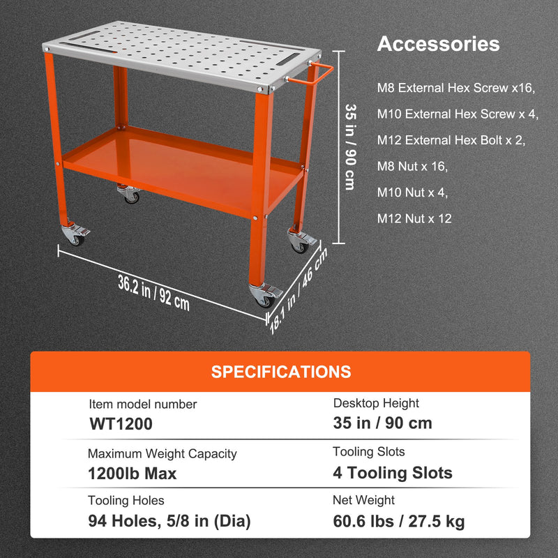 VEVOR Welding Table 915 x 457 mm, 544 kg Load Capacity, 2 Layers, Portable with Brake Wheels, 4 Tool Brooms, 15 mm Fixing Holes