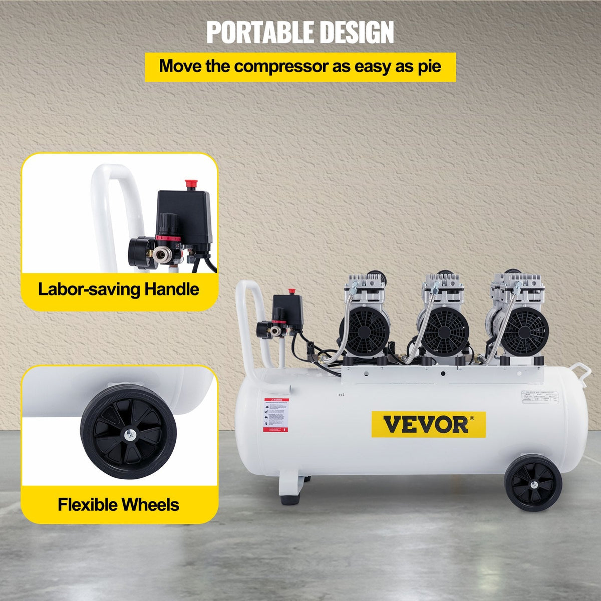 VEVOR gaisa kompresors 80 L, īpaši kluss, bez eļļas, 2,2 kW, zema trokšņa līmeņa, droša solenoīda vārsta aizsardzība