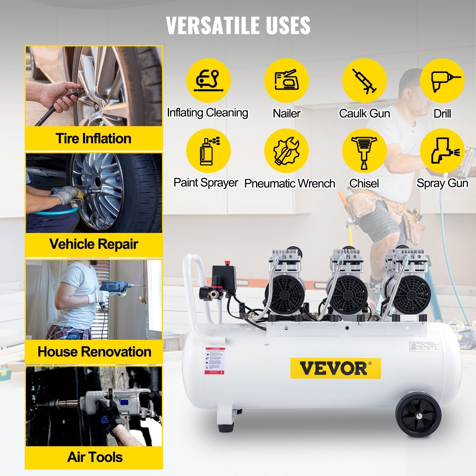 VEVOR gaisa kompresors 80 L, īpaši kluss, bez eļļas, 2,2 kW, zema trokšņa līmeņa, droša solenoīda vārsta aizsardzība