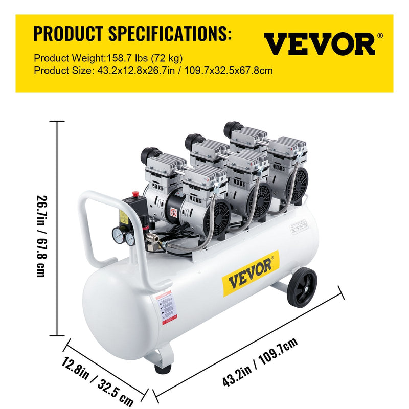 VEVOR gaisa kompresors 80 L, īpaši kluss, bez eļļas, 2,2 kW, zema trokšņa līmeņa, droša solenoīda vārsta aizsardzība