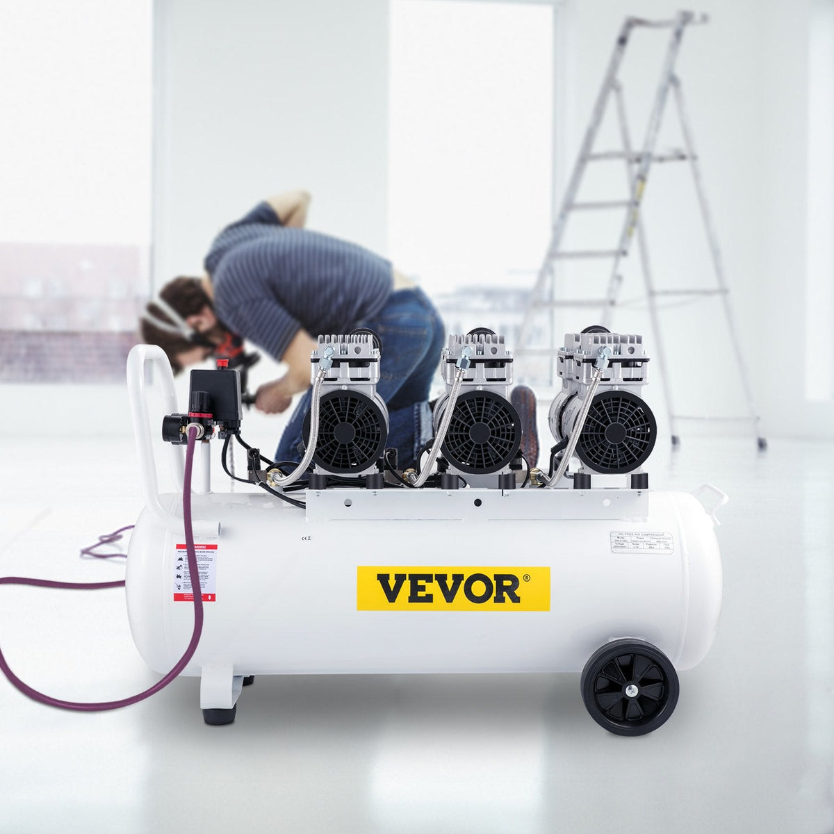 VEVOR gaisa kompresors 80 L, īpaši kluss, bez eļļas, 2,2 kW, zema trokšņa līmeņa, droša solenoīda vārsta aizsardzība