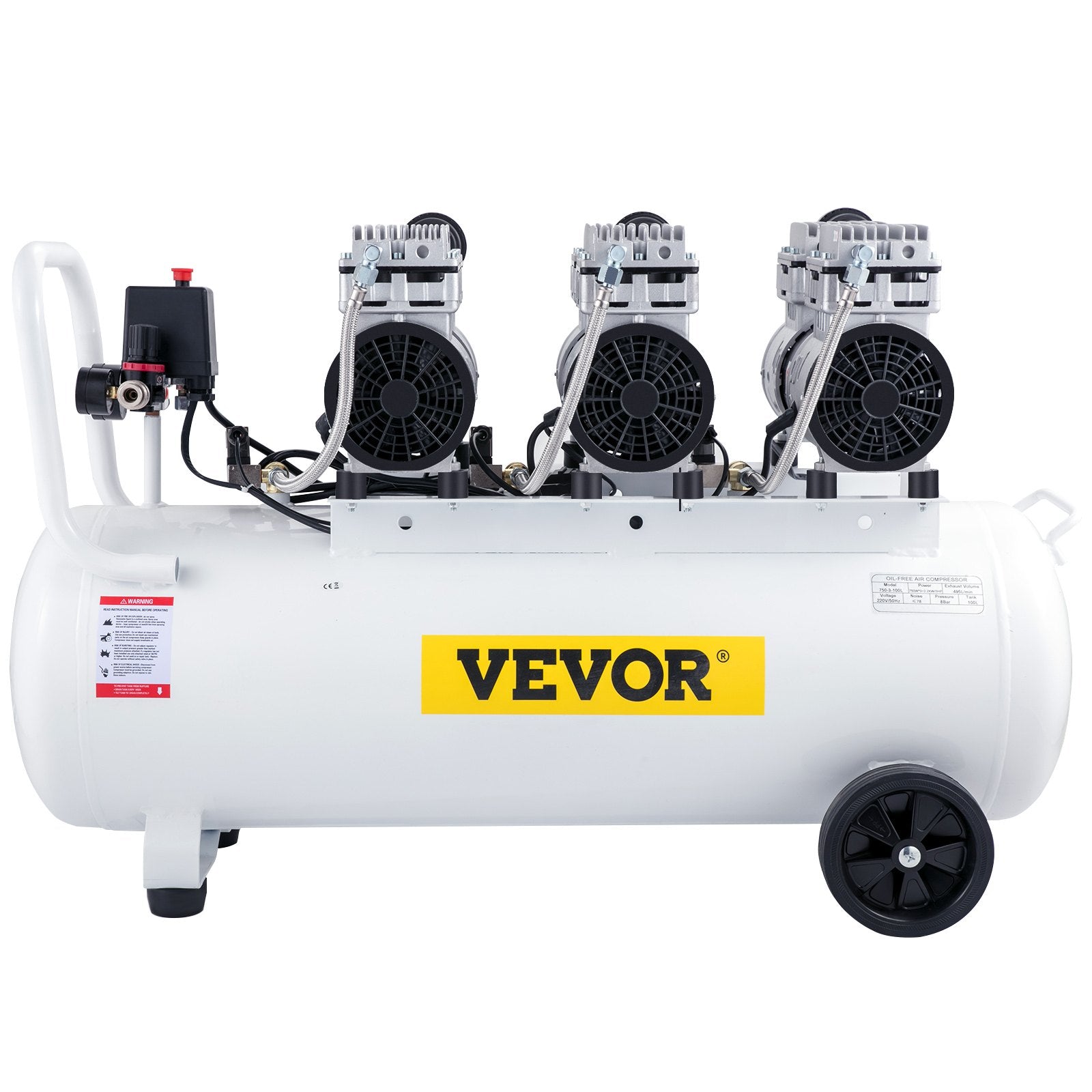 VEVOR gaisa kompresors 80 L, īpaši kluss, bez eļļas, 2,2 kW, zema trokšņa līmeņa, droša solenoīda vārsta aizsardzība