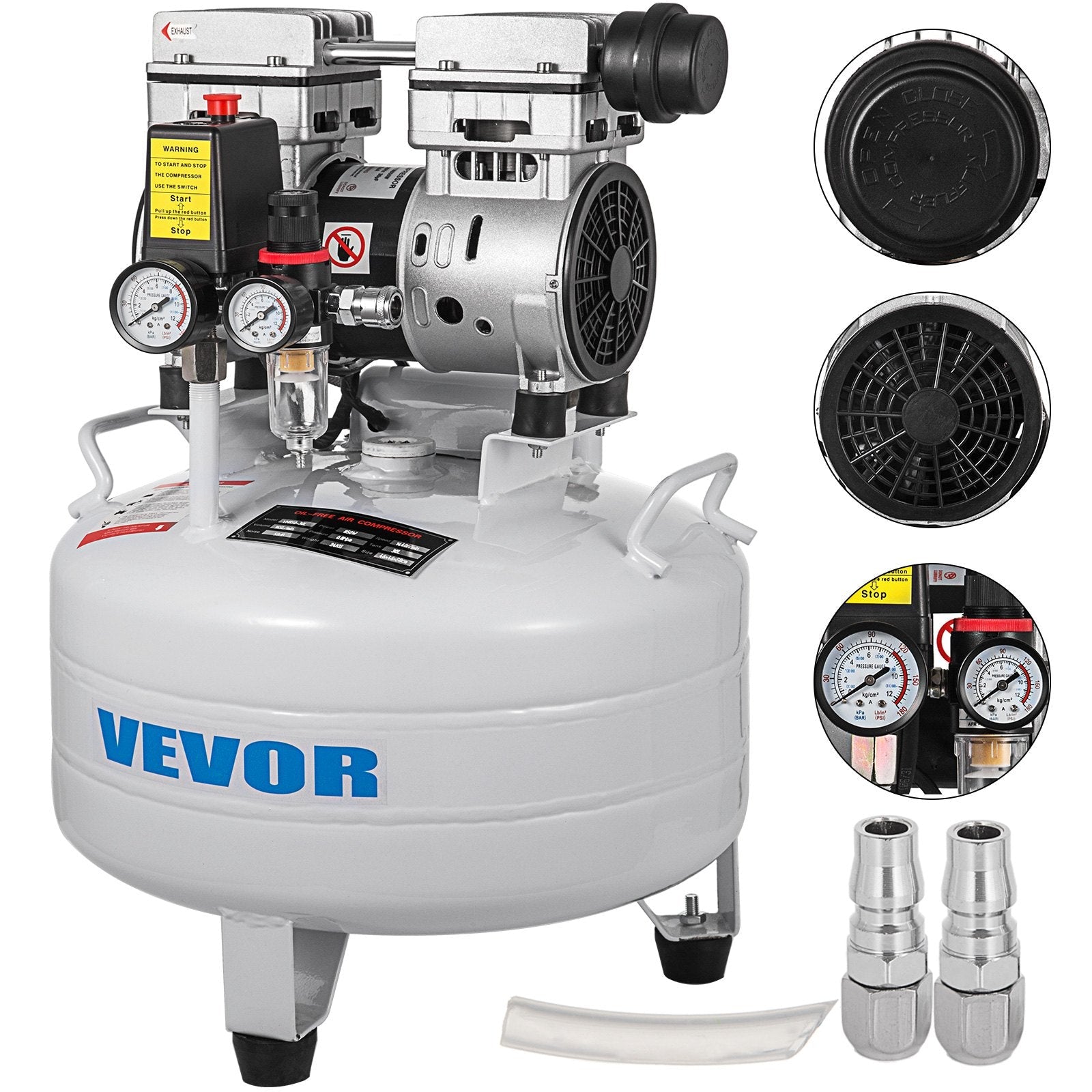 VEVOR vertikālais gaisa kompresors 30 L, īpaši kluss, bez eļļas, 850 W, zema trokšņa līmeņa