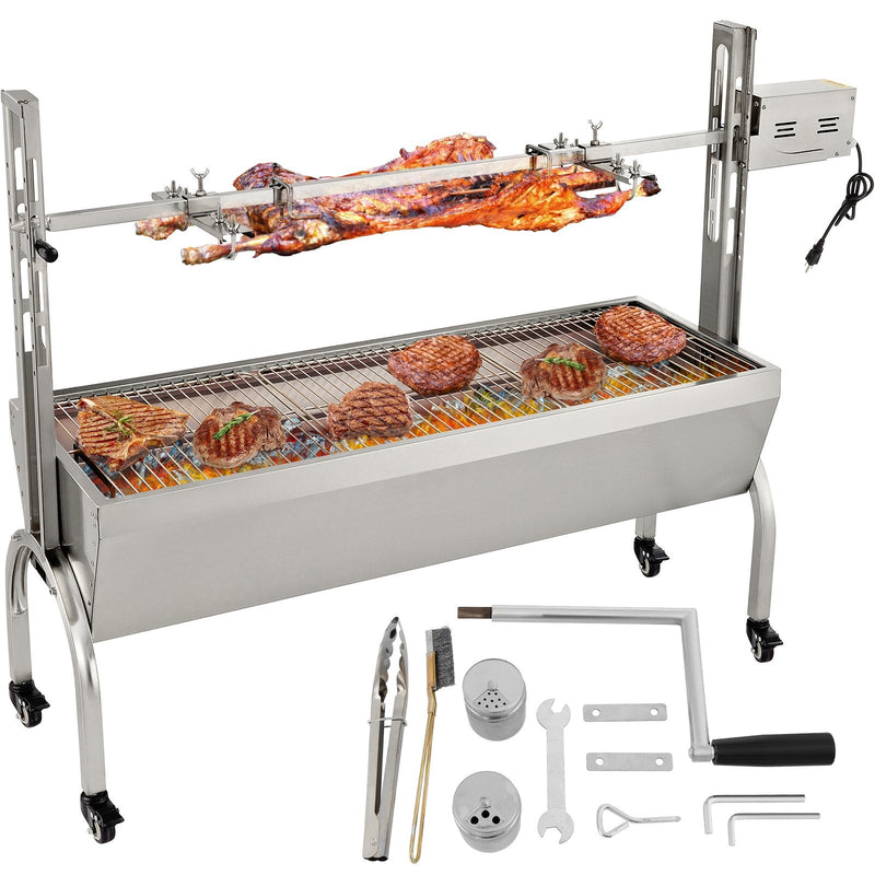VEVOR rotējošais grils, nerūsējošā tērauda BBQ iesma grils cūkai un jēram līdz 59,9 kg, cepšanas kaste ar 40 W motoru, regulējamu augstumu un bloķējamiem riteņiem, āra kempingam, ballītēm un ugunskura BBQ