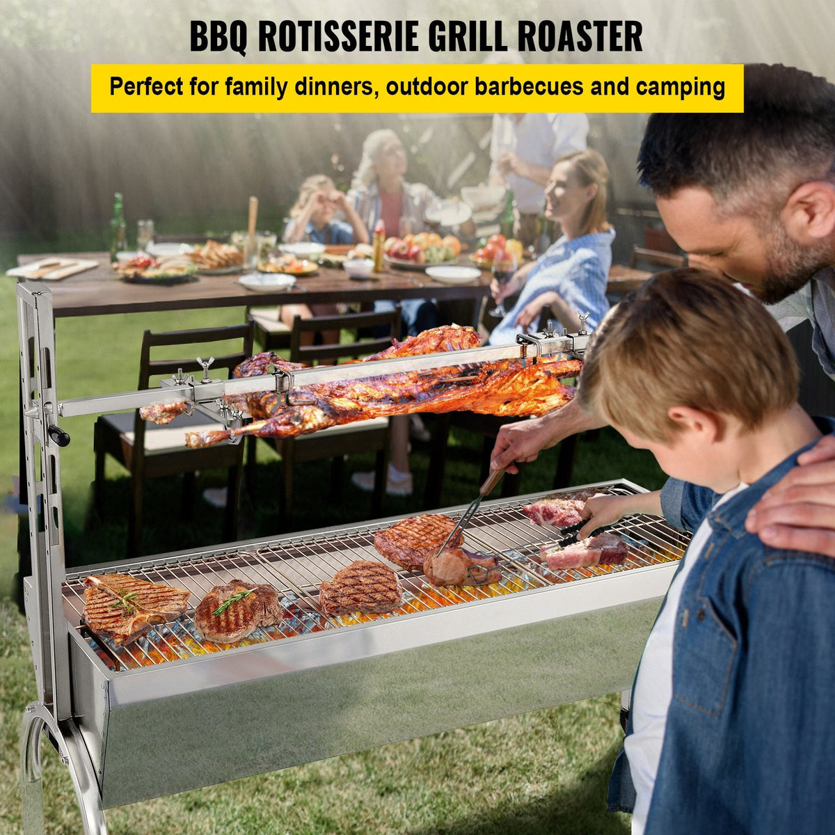 VEVOR rotējošais grils, nerūsējošā tērauda BBQ iesma grils cūkai un jēram līdz 59,9 kg, cepšanas kaste ar 40 W motoru, regulējamu augstumu un bloķējamiem riteņiem, āra kempingam, ballītēm un ugunskura BBQ