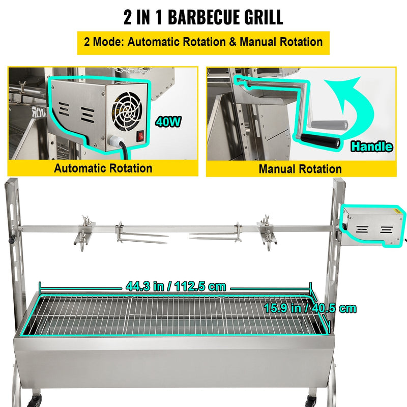 VEVOR rotējošais grils, nerūsējošā tērauda BBQ iesma grils cūkai un jēram līdz 59,9 kg, cepšanas kaste ar 40 W motoru, regulējamu augstumu un bloķējamiem riteņiem, āra kempingam, ballītēm un ugunskura BBQ