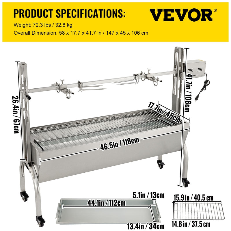 VEVOR rotējošais grils, nerūsējošā tērauda BBQ iesma grils cūkai un jēram līdz 59,9 kg, cepšanas kaste ar 40 W motoru, regulējamu augstumu un bloķējamiem riteņiem, āra kempingam, ballītēm un ugunskura BBQ