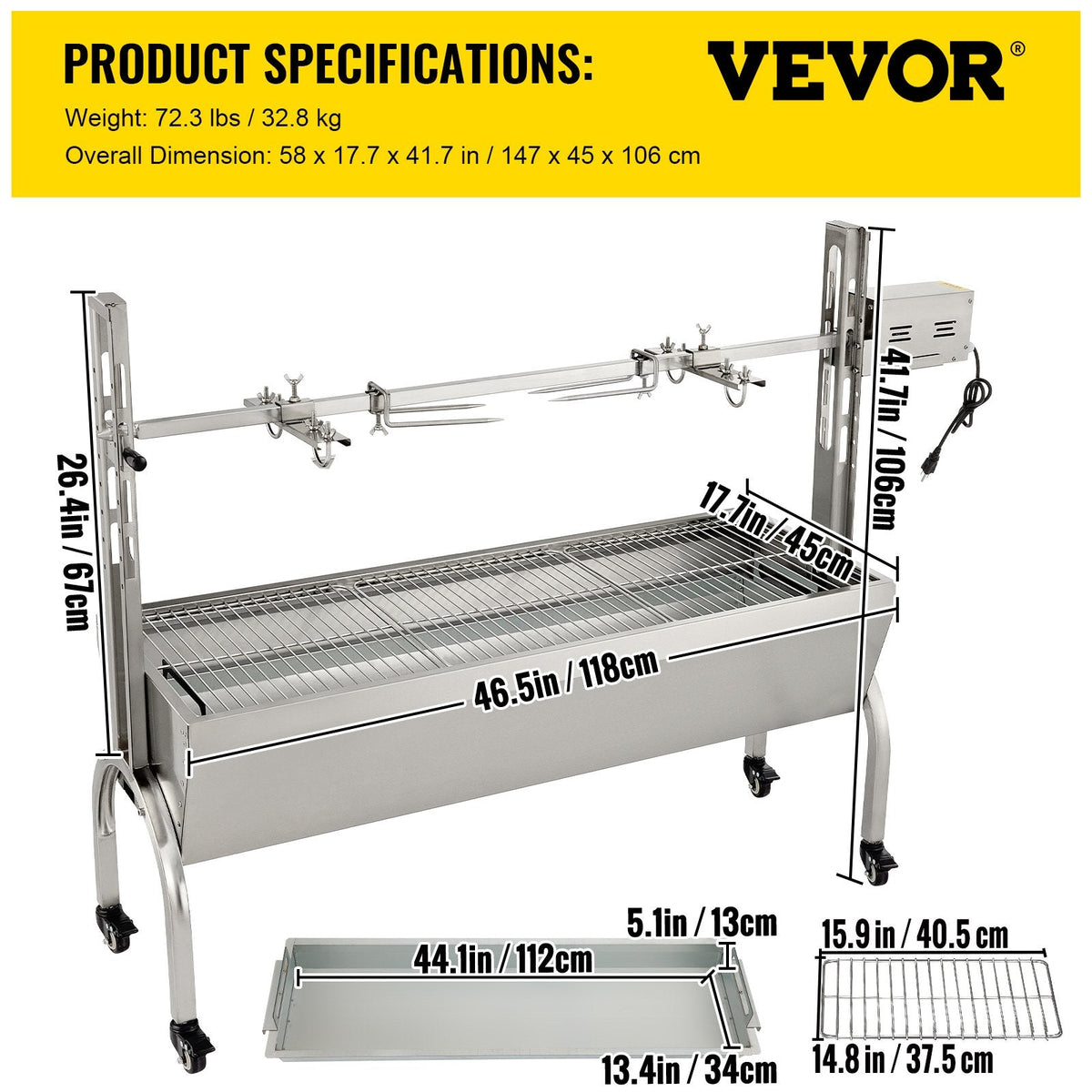 VEVOR rotējošais grils, nerūsējošā tērauda BBQ iesma grils cūkai un jēram līdz 59,9 kg, cepšanas kaste ar 40 W motoru, regulējamu augstumu un bloķējamiem riteņiem, āra kempingam, ballītēm un ugunskura BBQ