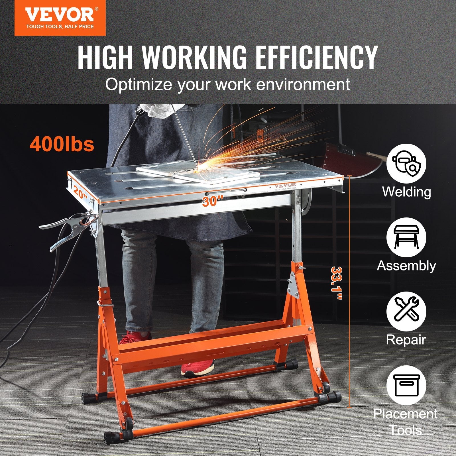VEVOR metināšanas galds 76 × 51 cm, 181 kg slodze, ar ritentiņiem, salokāms, 3 leņķi, regulējams augstums, vadotņu sliedes