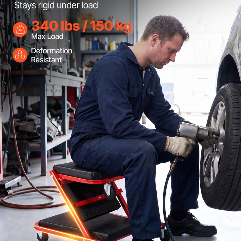 VEVOR 92 cm 3 vienā salokāms mehāniķa guļratis un sēdeklis auto remontam, Z veida garāžas ratiņi, 150 kg nestspēja, 6 grozāmi riteņi, polsterēts galvas balsts