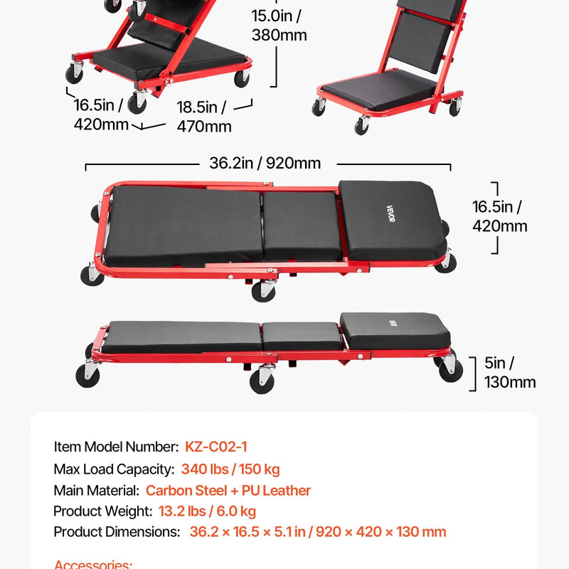VEVOR 92 cm 3 vienā salokāms mehāniķa guļratis un sēdeklis auto remontam, Z veida garāžas ratiņi, 150 kg nestspēja, 6 grozāmi riteņi, polsterēts galvas balsts