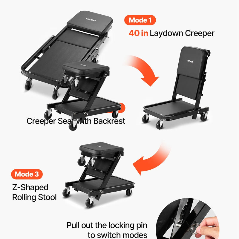 VEVOR 101,5 cm 3 vienā salokāms mehāniķa guļratis un sēdeklis, Z veida garāžas ratiņi auto remontam, 218 kg nestspēja, 6 grozāmi riteņi, polsterēts sēdeklis