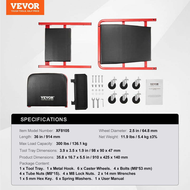 VEVOR складной ползун для механика 91 см, 136 кг
