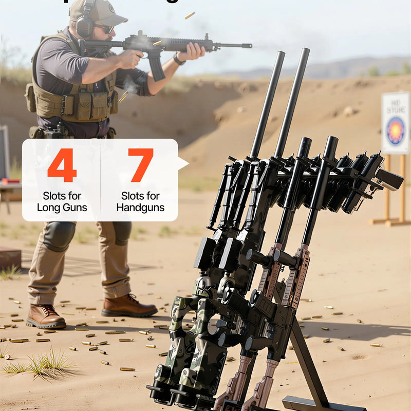 VEVOR pārnēsājams salokāms tērauda ieroču statīvs, brīvi stāvošs statīvs 4 šautenēm vai bisēm un līdz 7 pistolēm, iekštelpu un āra uzglabāšanai un eksponēšanai, piemērots šaušanai un medībām