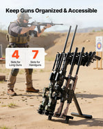 VEVOR pārnēsājams salokāms tērauda ieroču statīvs, brīvi stāvošs statīvs 4 šautenēm vai bisēm un līdz 7 pistolēm, iekštelpu un āra uzglabāšanai un eksponēšanai, piemērots šaušanai un medībām