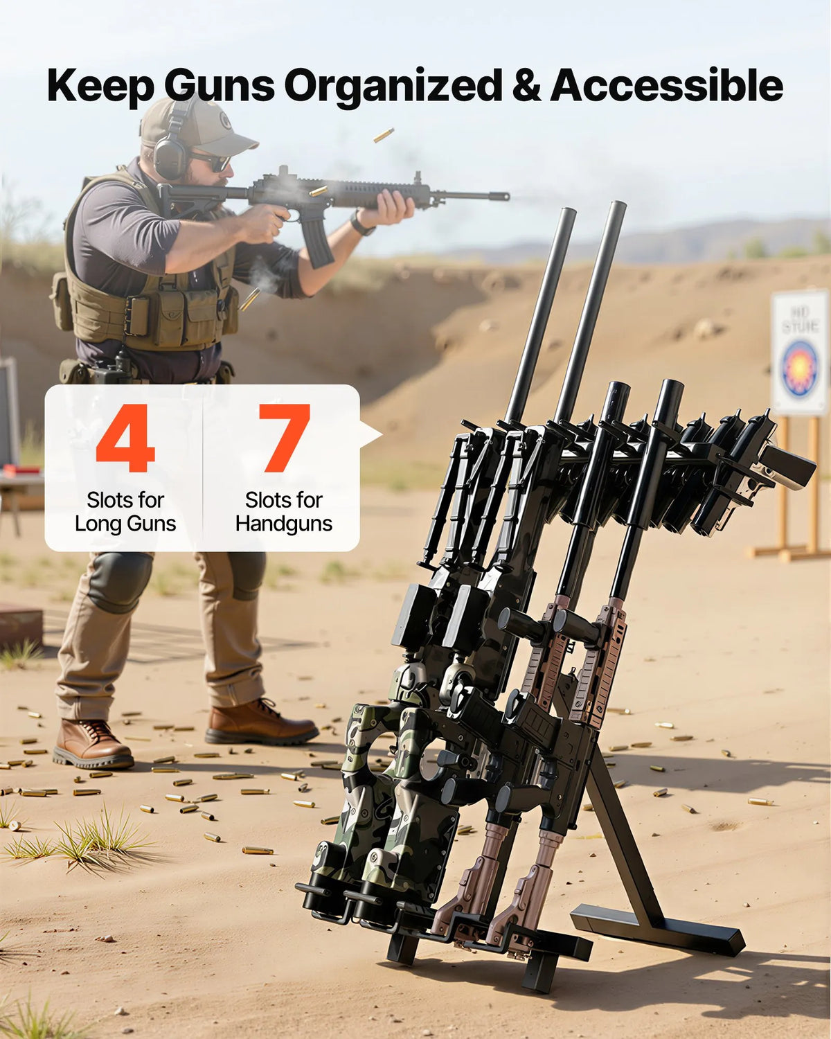 VEVOR pārnēsājams salokāms tērauda ieroču statīvs, brīvi stāvošs statīvs 4 šautenēm vai bisēm un līdz 7 pistolēm, iekštelpu un āra uzglabāšanai un eksponēšanai, piemērots šaušanai un medībām