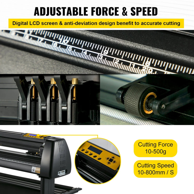 VEVOR vinila griešanas ploteris ar statīvu, papīra padeves platums 870 mm, SignMaster programmatūra, regulējams griešanas spēks un ātrums, LCD displejs, vinila griešanas iekārta uzlīmju un uzrakstu izgatavošanai