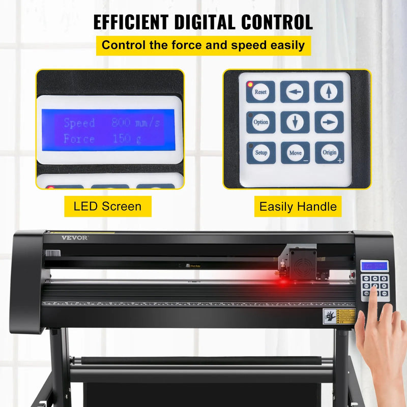 VEVOR vinila griešanas ploteris 870 mm ar LED ekrānu, pusautomātisku optisko sensoru precīzai vadībai, saderīgs ar SignMaster programmatūru Windows sistēmai, komplektā statīvs