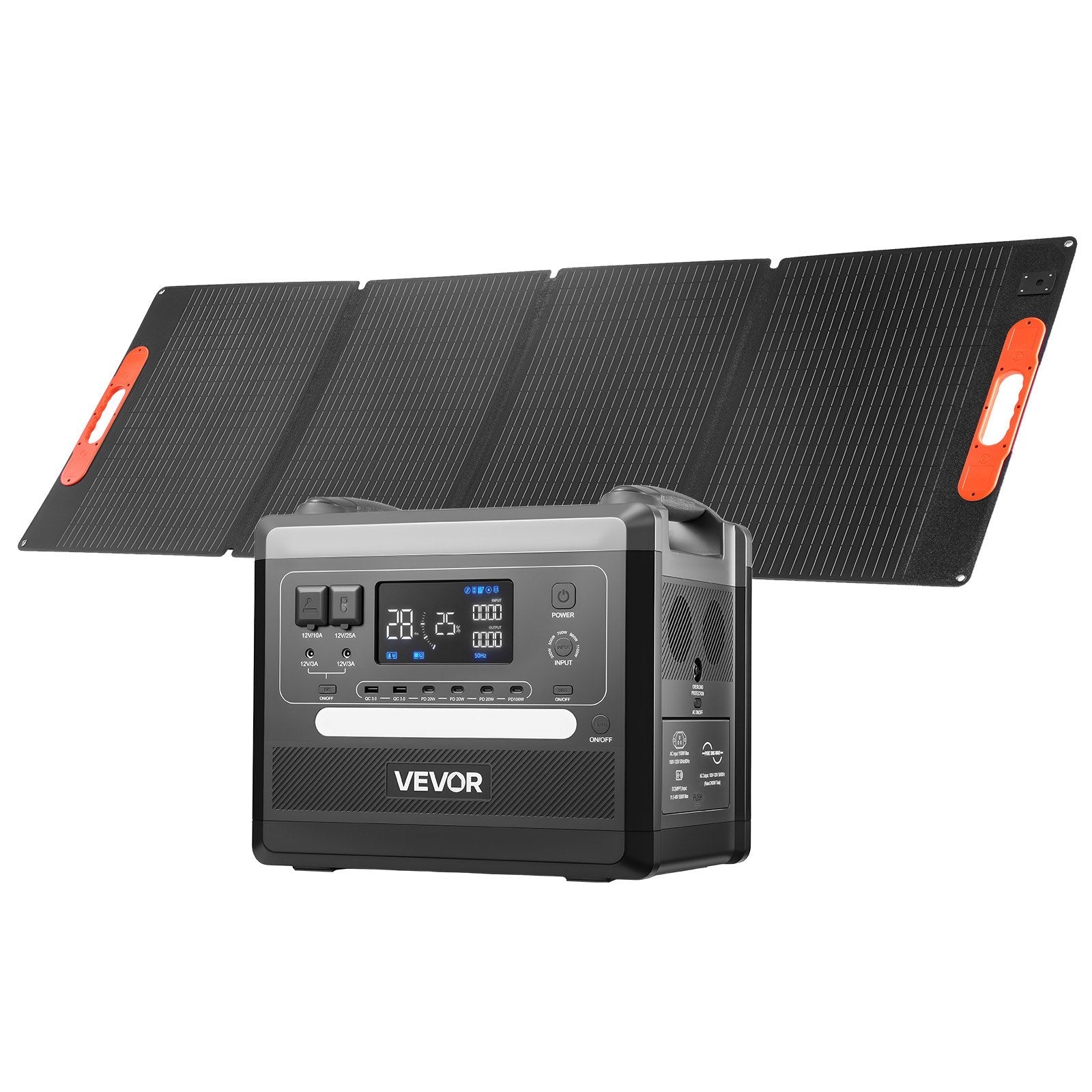 VEVOR pārnēsājama elektroenerģijas stacija 2400 W ar 200 W salokāmu saules paneli, 2160 Wh paplašināma LiFePO4 akumulatora sistēma ar 10 izejām un regulējamu ievades jaudu mājai, kempingam un kemperiem