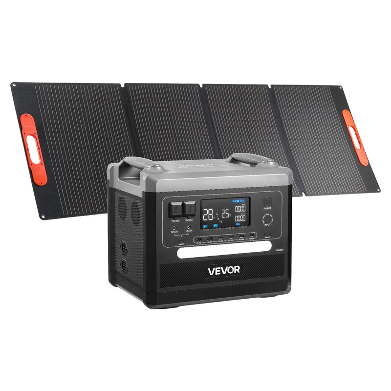 VEVOR pārnēsājama elektroenerģijas stacija 2400 W ar 200 W salokāmu saules paneli, 2160 Wh paplašināma LiFePO4 akumulatora sistēma ar 10 izejām un regulējamu ievades jaudu mājai, kempingam un kemperiem
