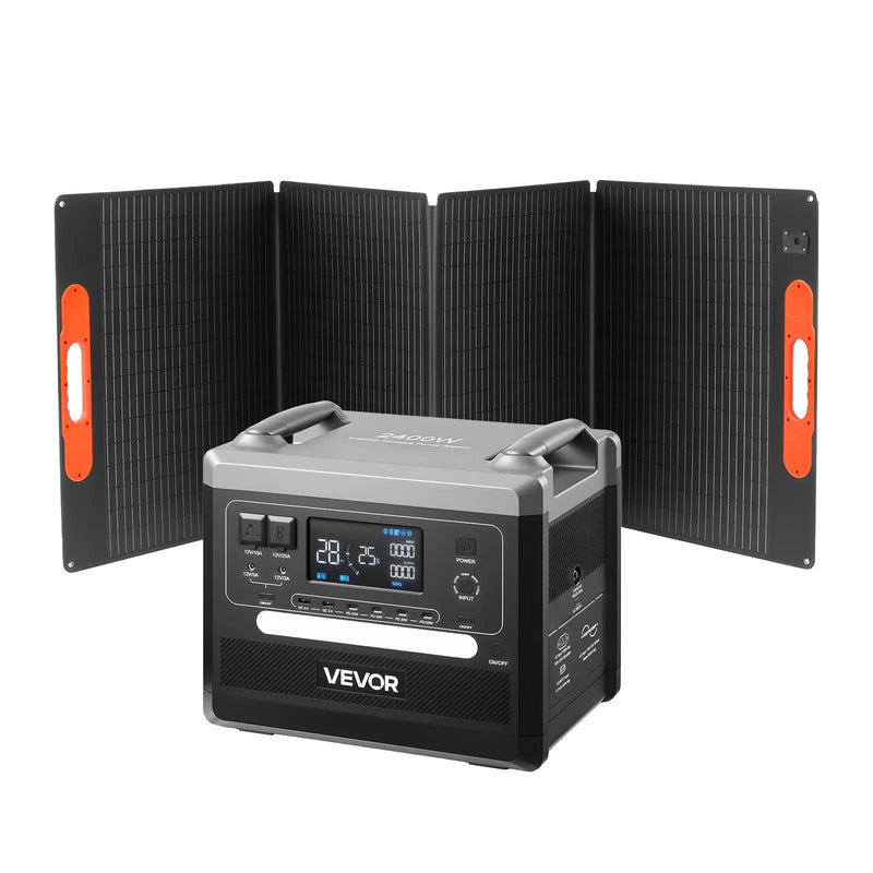 VEVOR pārnēsājama elektroenerģijas stacija 2400 W ar 200 W salokāmu saules paneli, 2160 Wh paplašināma LiFePO4 akumulatora sistēma ar 10 izejām un regulējamu ievades jaudu mājai, kempingam un kemperiem