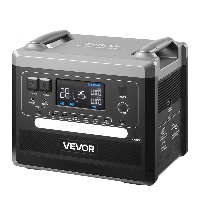 VEVOR portatīvā elektrostacija 2400 W, 2160 Wh, saules ģenerators ar 10 izejām un regulējamu ieejas jaudu, paplašināms LiFePO4 akumulatora rezerves barošanas risinājums mājai, kempingam un kemperiem (saules panelis nav iekļauts)