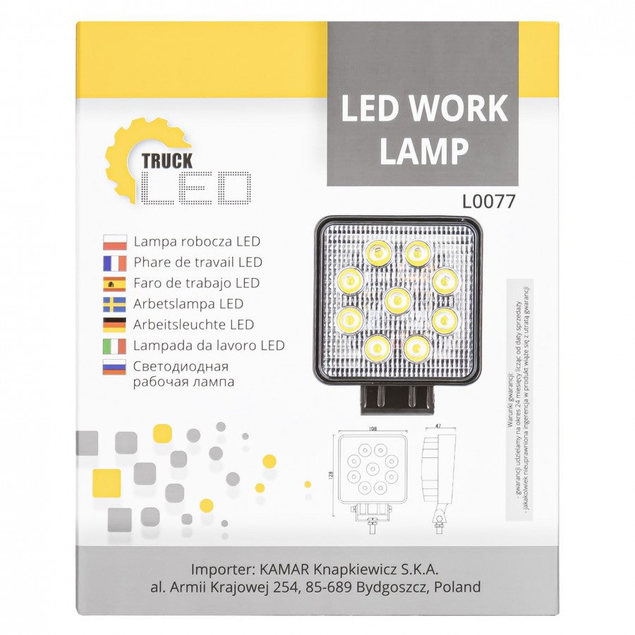 KAMAR LED Work Light L0077 24 W 1280 lm 12/24 V Square FLOOD with 9 LEDs and ECE R10