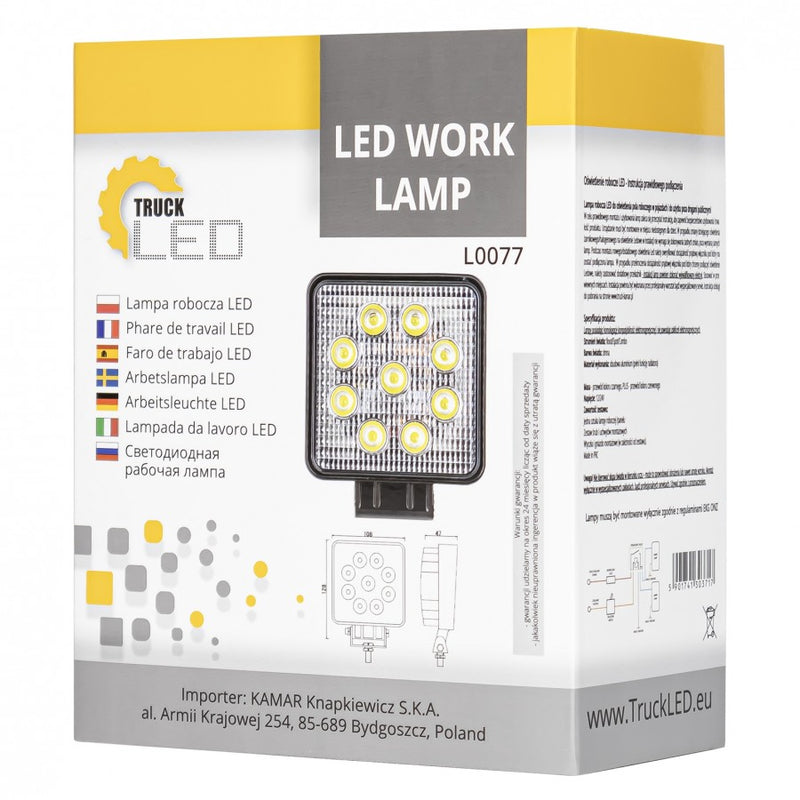 LED CREE 27W(2200Lm) arbetslampa 9-32V, 9x3W, IP67, kallvitt ljus 6500K, för traktorer, terrängfordon, skogsmaskiner