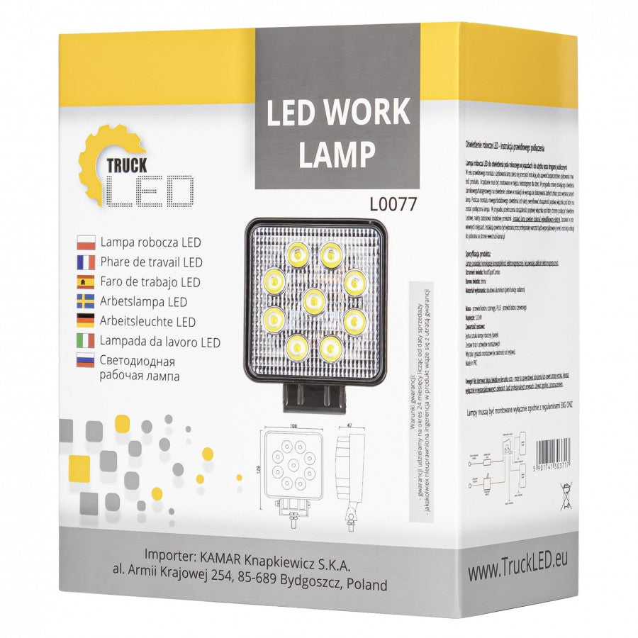 KAMAR LED Work Light L0077 24 W 1280 lm 12/24 V Square FLOOD with 9 LEDs and ECE R10