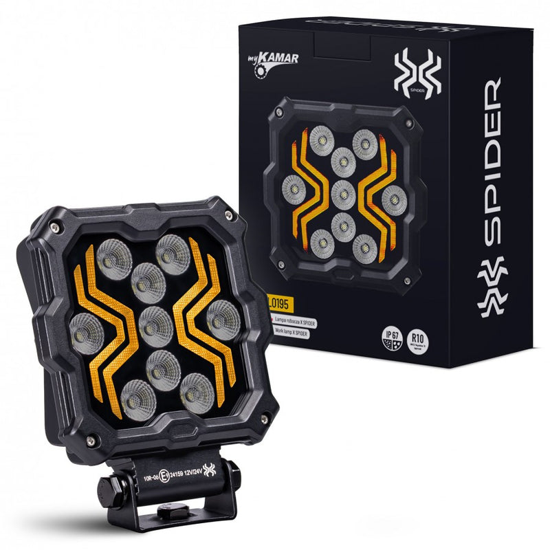 KAMAR L0195 X-SPIDER 2 LED darba lukturis, 18W, 9 LED, 12/24V, dzintarkrāsas LED josla, IP67, ECE R10, 300mm kabelis, 2 gadu garantija