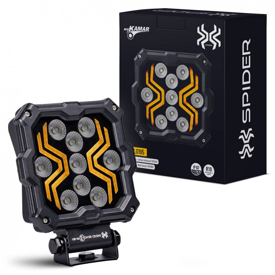 KAMAR L0195 X-SPIDER 2 LED darba lukturis, 18W, 9 LED, 12/24V, dzintarkrāsas LED josla, IP67, ECE R10, 300mm kabelis, 2 gadu garantija
