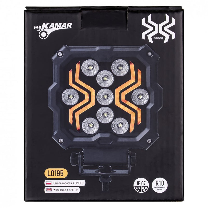 KAMAR L0195 X-SPIDER 2 LED darba lukturis, 18W, 9 LED, 12/24V, dzintarkrāsas LED josla, IP67, ECE R10, 300mm kabelis, 2 gadu garantija