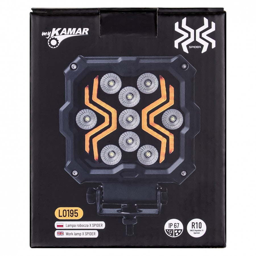 KAMAR L0195 X-SPIDER 2 LED darba lukturis, 18W, 9 LED, 12/24V, dzintarkrāsas LED josla, IP67, ECE R10, 300mm kabelis, 2 gadu garantija