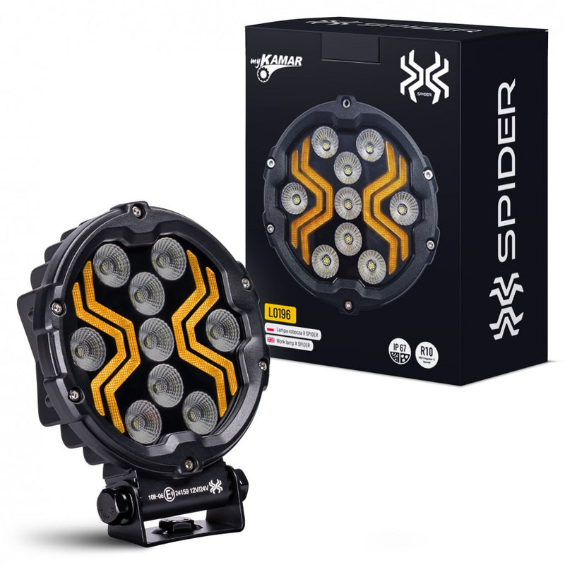 18W(1700Lm) LED darba lukturis KAMAR X-SPIDER 3 L0196 ar dzintarkrāsas LED joslu, 9 LED, 12/24V, IP67, alumīnija korpuss, 111x111x29,5mm, 0,3m kabelis, ECE R10, 2 gadu garantija