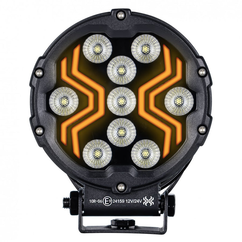 18W(1700Lm) LED darba lukturis KAMAR X-SPIDER 3 L0196 ar dzintarkrāsas LED joslu, 9 LED, 12/24V, IP67, alumīnija korpuss, 111x111x29,5mm, 0,3m kabelis, ECE R10, 2 gadu garantija