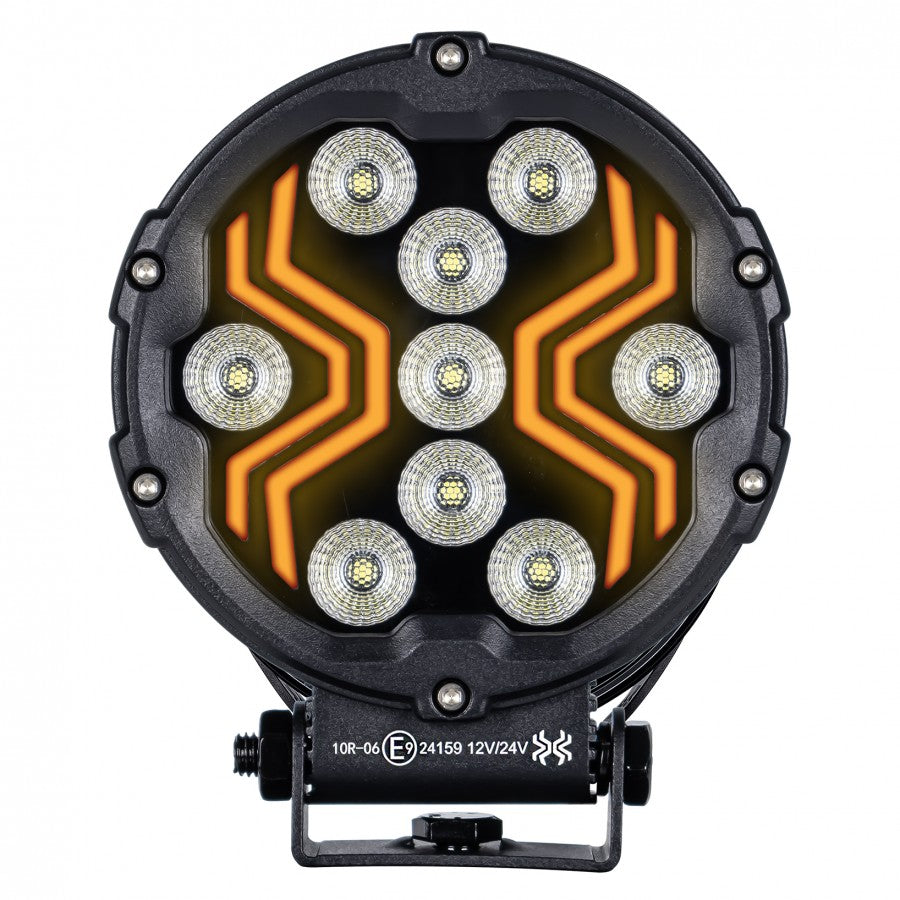 18W(1700Lm) LED darba lukturis KAMAR X-SPIDER 3 L0196 ar dzintarkrāsas LED joslu, 9 LED, 12/24V, IP67, alumīnija korpuss, 111x111x29,5mm, 0,3m kabelis, ECE R10, 2 gadu garantija