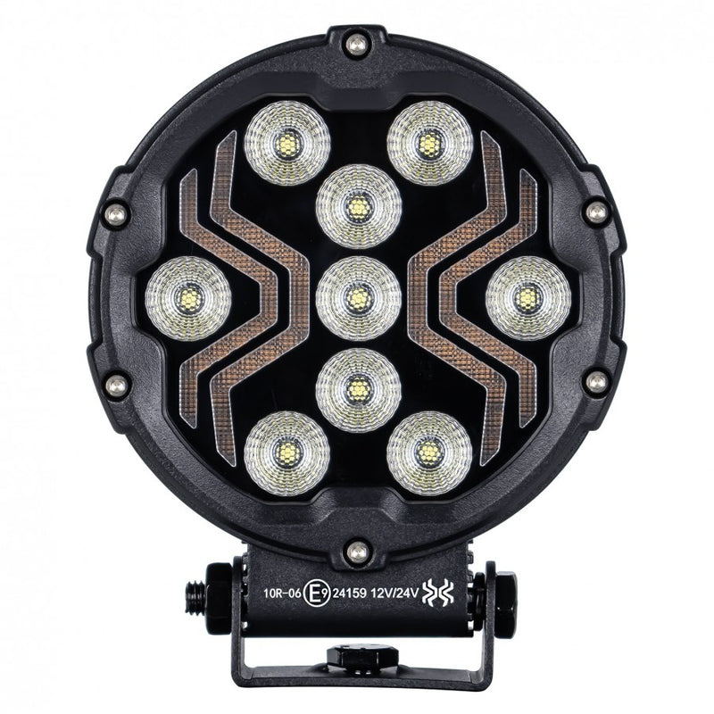 18W(1700Lm) LED darba lukturis KAMAR X-SPIDER 3 L0196 ar dzintarkrāsas LED joslu, 9 LED, 12/24V, IP67, alumīnija korpuss, 111x111x29,5mm, 0,3m kabelis, ECE R10, 2 gadu garantija