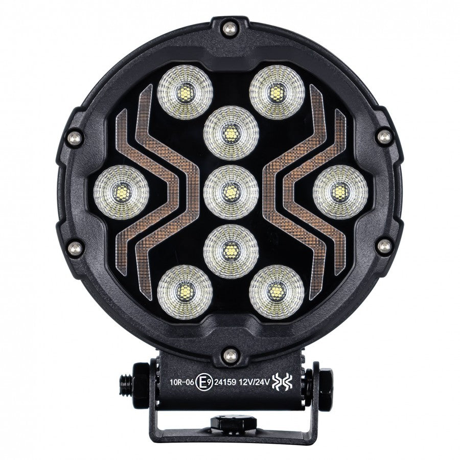 18W(1700Lm) LED darba lukturis KAMAR X-SPIDER 3 L0196 ar dzintarkrāsas LED joslu, 9 LED, 12/24V, IP67, alumīnija korpuss, 111x111x29,5mm, 0,3m kabelis, ECE R10, 2 gadu garantija