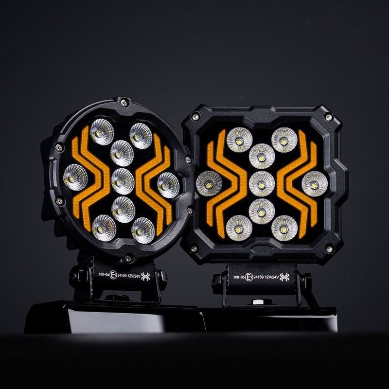 18W(1700Lm) LED darba lukturis KAMAR X-SPIDER 3 L0196 ar dzintarkrāsas LED joslu, 9 LED, 12/24V, IP67, alumīnija korpuss, 111x111x29,5mm, 0,3m kabelis, ECE R10, 2 gadu garantija