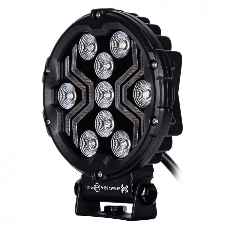 18W(1700Lm) LED darba lukturis KAMAR X-SPIDER 3 L0196 ar dzintarkrāsas LED joslu, 9 LED, 12/24V, IP67, alumīnija korpuss, 111x111x29,5mm, 0,3m kabelis, ECE R10, 2 gadu garantija