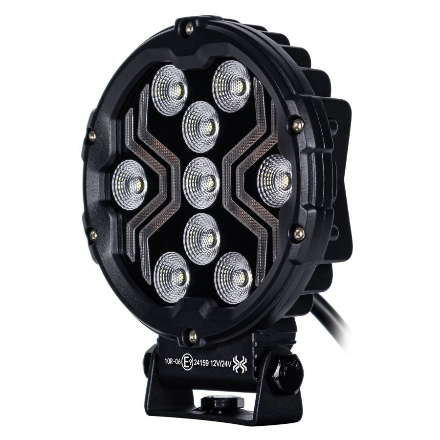 18W(1700Lm) LED darba lukturis KAMAR X-SPIDER 3 L0196 ar dzintarkrāsas LED joslu, 9 LED, 12/24V, IP67, alumīnija korpuss, 111x111x29,5mm, 0,3m kabelis, ECE R10, 2 gadu garantija