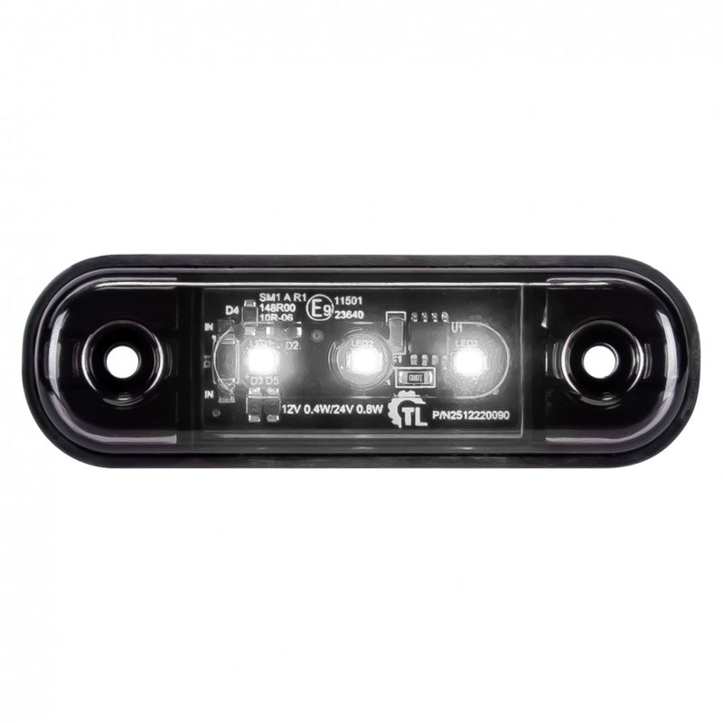 KAMAR 3LED priekšējais gabarītlukturis, 0,4/0,8W, 12/24V, IP67, tumšs tonēts korpuss, balta gaisma, 30cm kabelis, R10/R148, 2 gadu garantija